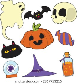 Happy Halloween set of elements, ghost, pumpkin, bat and cat. Vector is cute illustration in hand drawn style