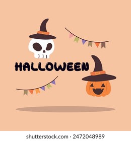 Happy Halloween set of elements, ghost, pumpkin, bat and cat. Vector is cute illustration in hand drawn style 10 Eps