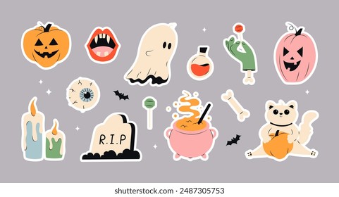 Happy Halloween set of elements, ghost, pumpkin, hat, candle, eye, grave and cat. Childish print for stickers, greeting card and decoration. Vector is cute illustration in hand drawn style. 