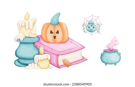 Happy Halloween set of elements, ghost, pumpkin, bat and cat. Vector is cute illustration in hand drawn style