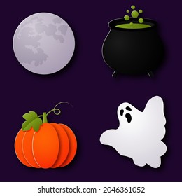 Feliz Halloween. Conjunto de elementos en estilo de corte de papel. Fantasma, calabaza, luna, olla. Ilustración vectorial.