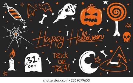 Happy Halloween set of elements, pumpkin, ghost, bat, candy, spider, trick or trear . Vector illustration in hand drawn style