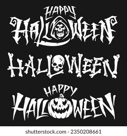 Happy Halloween set emblems monochrome with inscriptions made of bones with skulls or scary pumpkins for party decorations vector illustration