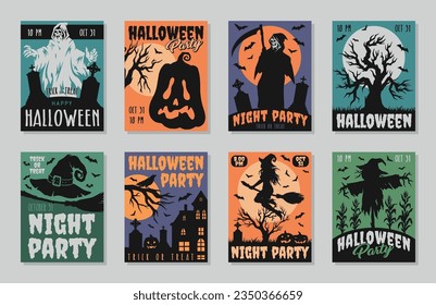 Happy Halloween set flyers colorful with witches and monsters inviting to party in night club on october 31 vector illustration