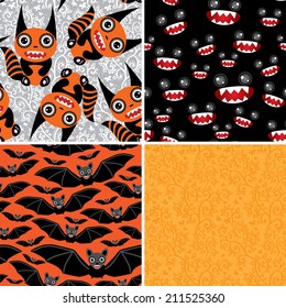 Happy Halloween set of four seamless patterns. Bats, monsters. Vector