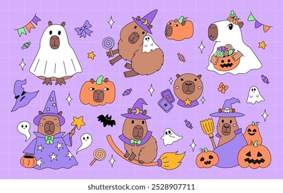 Happy Halloween set. Funny animal capybara wizard characters, ghost, pumpkin, wizard hat, fortune ball, tarot cards, candy, bat, garland. Design elements collection for October holiday