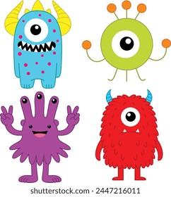 Happy Halloween. Set of funny monster colorful silhouette. Cute cartoon kawaii baby character. Eyes horn teeth fang tongue.