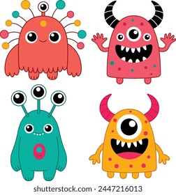 Happy Halloween. Set of funny monster colorful silhouette. Cute cartoon kawaii baby character. Eyes horn teeth fang tongue.