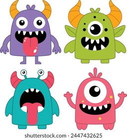 Happy Halloween. Set of funny monster colorful silhouette. Cute cartoon kawaii baby character. Eyes horn teeth fang tongue.