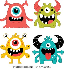 Happy Halloween. Set of funny monster colorful silhouette. Cute cartoon kawaii baby character. Eyes horn teeth fang tongue.