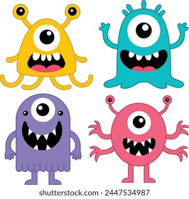 Happy Halloween. Set of funny monster colorful silhouette. Cute cartoon kawaii baby character. Eyes horn teeth fang tongue.