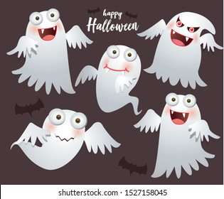Happy halloween. Set of ghosts, funny faces. Halloween emoticons. Vector illustration. Flat style design for halloween card, poster, web, site, banner