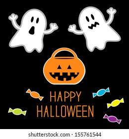 Happy Halloween set. Ghosts, pumpkin, candies. Card. Vector illustration