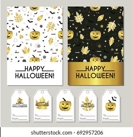 Happy Halloween. Set of Halloween gift tags and greeting cards. Cute vector seamless patterns with golden leaves and pumpkin. Autumn, Fall