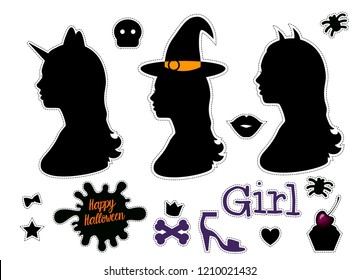 Happy Halloween Set Girl silhouette head with neck shoulders side view. Vector illustration isolated on white background. Black stickers. Unicorn, witch, horned