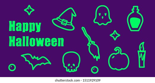 Happy Halloween set of glowing neon icons, vector illustration.