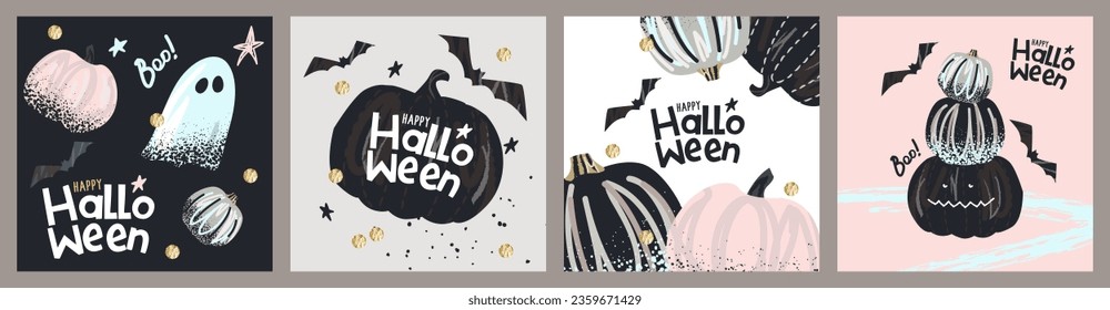 Happy Halloween Set de tarjetas de felicitación, carteles, afiches, portadas de fiestas. Diseño de moda con tipografía, puntos pintados a mano, golpes, calabazas, fantasmas, murciélagos en colores pastel. Arte moderno de estilo minimalista.