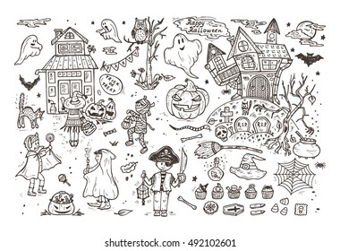 Happy Halloween. Set of Hand Drawn Doodle Cute Children in Halloween Costumes and various halloween night holiday design elements. Coloring page for kids.