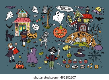 Happy Halloween. Set of Hand Drawn Doodle Cute Children in Halloween Costumes and various halloween night holiday design elements svg