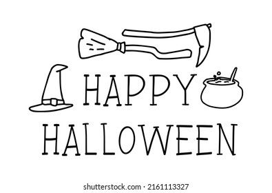HAPPY HALLOWEEN. Set of handdrawn lettering text Halloween logo. Black and white doodle illustration. Halloween vector design banner, elements, badge, label and object. Collection of silhouettes icon.