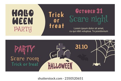 Happy Halloween. Set of horizontal flyer, poster, invitation with color text. Doodle hand drawn cartoon moon, silhouette of bat, spider, spooky cemetery. Autumn holiday of dead. Vector illustration