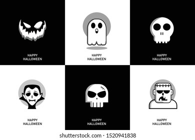 Happy Halloween, Set Halloween icon pack black and white concept, zombie, skull icon vector illustration