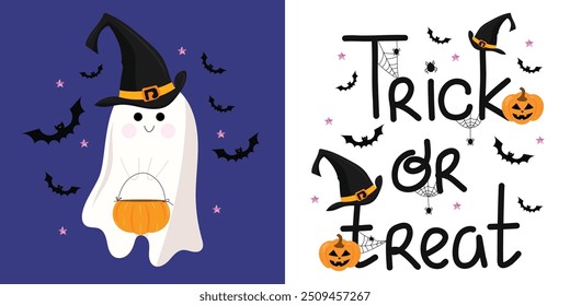 Happy Halloween set illustration with ghost and trick or treat lettering. Fanny ghost and holiday calligraphy in children's candy tradition concept. For children's Halloween decor, cards, banners.