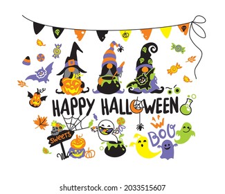 Happy Halloween set, invitation in halloween party, funnies ghosts, gnomes, pumpkin, bat.