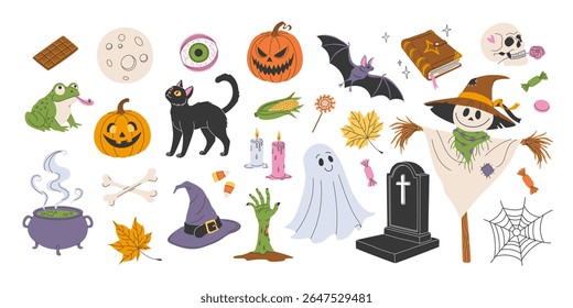 Happy Halloween set of isolated design elements. Hand drawn spooky and cute clipart bundle on white. Witch hat, scarecrow, zombie hand, pumpkin, bat, ghost, scull, black cat, cauldron with potion.