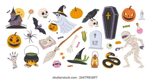 Feliz Halloween conjunto de elementos de design isolados. Mão desenhado espantoso e bonito clipart pacote no branco. Chapéu de bruxa, múmia, abóbora, morcego, fantasma, escama, cobra, caldeirão com poção, casa assombrada, caixão.