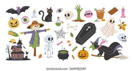 Happy Halloween set of isolated design elements. Hand drawn spooky and cute clipart bundle on white. Witch, skeleton, pumpkin, bat, ghost, scull, coffin, cauldron with potion, haunted house, cobweb.