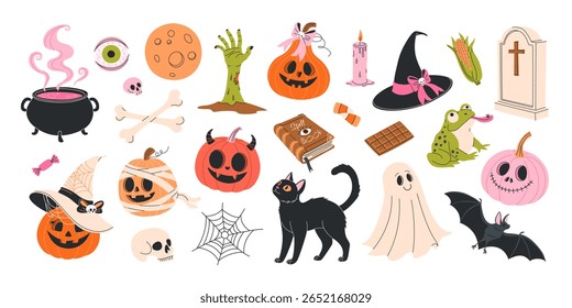 Happy Halloween set of isolated design elements. Hand drawn spooky and cute clipart bundle for stickers. Witch hat, pumpkin, bat, ghost, scull, bones, cauldron with potion, zombie, coffin, cobweb.