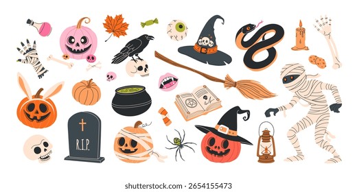 Happy Halloween set of isolated design elements. Hand drawn spooky and cute clipart bundle on white. Witch hat, mummy, pumpkin, raven, snake, scull, cauldron with potion, spellbook, tombstone, candies
