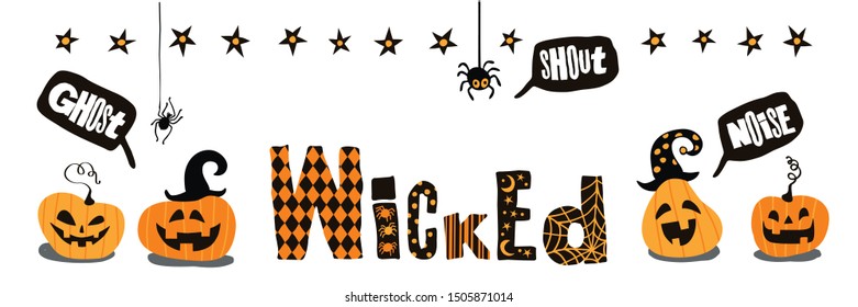 Happy Halloween. Set with letreng "wicked" and funny pumpkins, spiders.