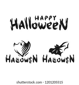 Happy Halloween set logo - vector illustrations. Emblem design of ghost and bat on white background