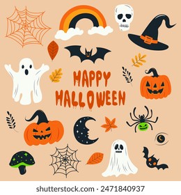 Happy Halloween set. Magic collection clip art Hand Drawing style. Bohemian mystical creative contemporary aesthetic Doodle elements. Boho abstract Flat Vector illustration