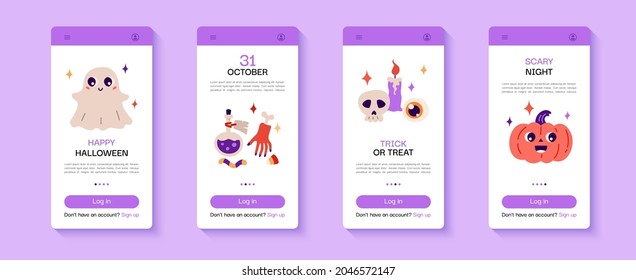 Happy Halloween. Set of mobile app screen with pumpkin, candy, candle, skull,  potion, eye, hand with bone. Cute cartoon vector illustration.