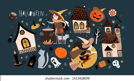 Happy Halloween! Set of objects: a cute witch on a broomstick, a witch makes a potion, a castle, a house, a pumpkin, a pet cat, a tree, a ghost.
 
