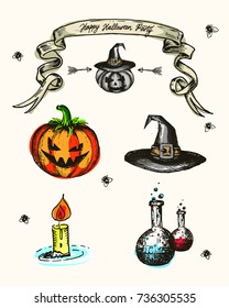 Happy Halloween set of objects in line and painted drawing style, pumpkin, hat, potion and candle with banner with text