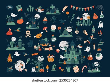 Happy halloween set. October holiday icons, design elements bundle, compositions. Cute ghost, pumpkin, bat, candy, cat, skull, spider, castle. Isolated vector illustration in cartoon style