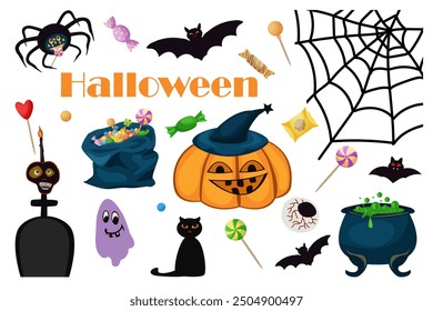 Feliz Halloween. Linterna de calabaza naranja. Murciélago, fantasma, bolsa de dulces, araña y telaraña, gato negro, caldero de bruja con poción verde, piruletas, sombrero de bruja, cráneo en la lápida