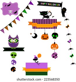 happy halloween set with owl, cat, ghost, skulls 