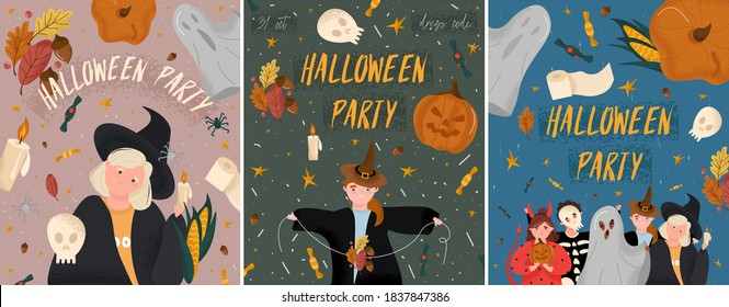 Happy Halloween. Set of Halloween party posters in cartoon style. Bright vector autumn posters with children in costumes of ghosts, devil, skeleton and witches. Pumpkin, ghost, leaves, candy and star.