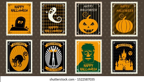 Happy Halloween Set Postage Stamps with pumpkin, ghost, Vampire, zombie, castle, black cat, grave, halloween cartoon symbol. Vector isolated retro vintage