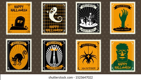 Happy Halloween Set Postage Stamps with ghost, scull, grave, zombie, castle, Vampire, spider, hand, halloween cartoon symbol. Vector isolated retro vintage