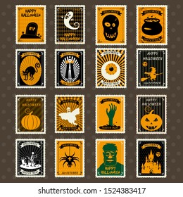 Happy Halloween Set Postage Stamps with ghost, pumpkin, scull, grave, zombie, castle, Vampire, spider, hand, ghost, witch, cauldron, cat, halloween cartoon symbol. Vector isolated retro vintage