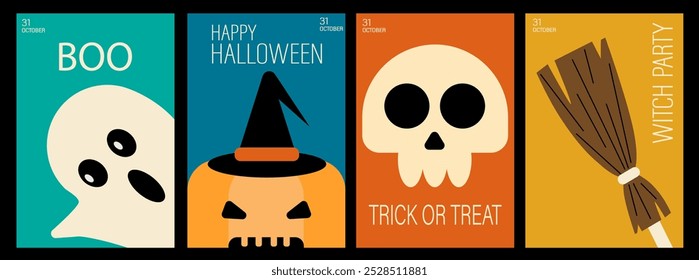 Feliz Halloween. Póster Plantilla con calabazas, fantasmas, esqueletos y caldero de brujas. Tarjetas de regalo de Halloween. Folletos de vacaciones de moda para portada, Anuncio, postal, redes sociales, evento.