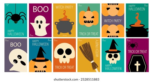 Happy Halloween set. Poster template with pumpkins, ghosts, skeletons and witch cauldron. Halloween gift cards. Trendy holiday flyers for cover, banner, postcard, social media, event.