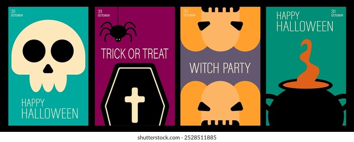 Happy Halloween set. Poster template with pumpkins, ghosts, skeletons and witch cauldron. Halloween gift cards. Trendy holiday flyers for cover, banner, postcard, social media, event.