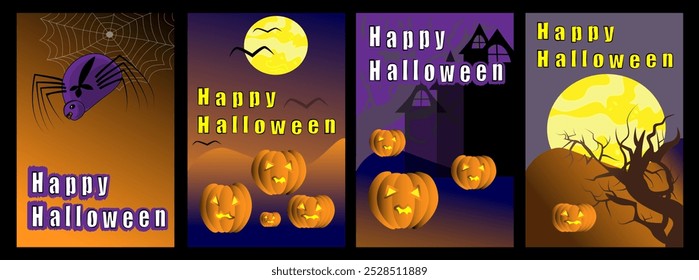 Happy Halloween set. Poster template with pumpkins, ghosts, skeletons and witch cauldron. Halloween gift cards. Trendy holiday flyers for cover, banner, postcard, social media, event.